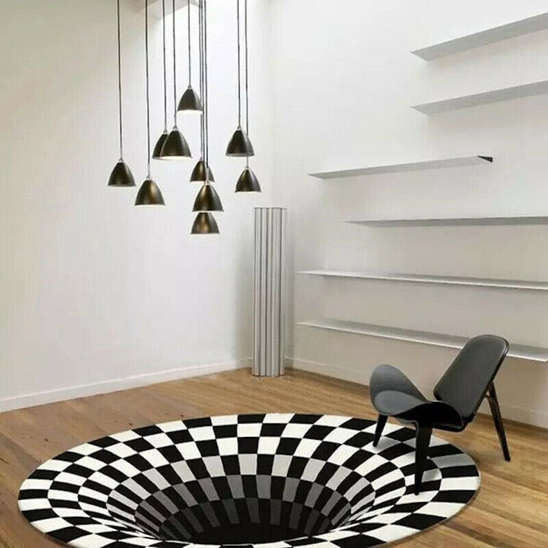 3D Vortex Black White Grid Rug