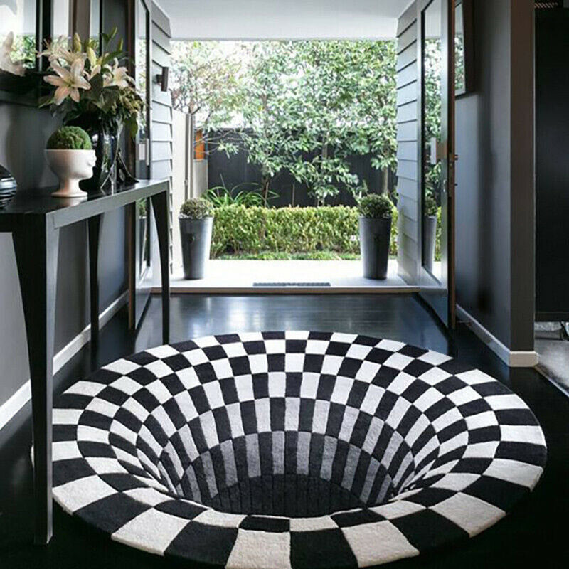 3D Vortex Black White Grid Rug