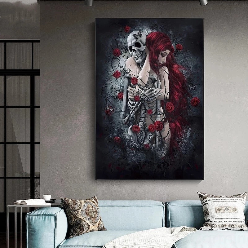 Skull  Red Rose Canvas Wall Print