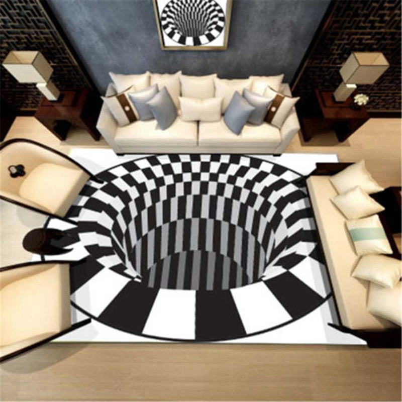 3D Vortex Black White Grid Rug