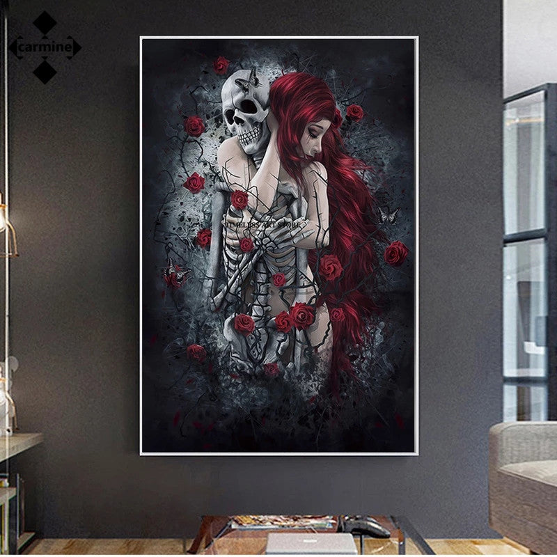 Skull  Red Rose Canvas Wall Print