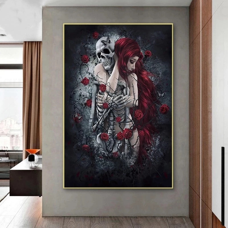 Skull  Red Rose Canvas Wall Print